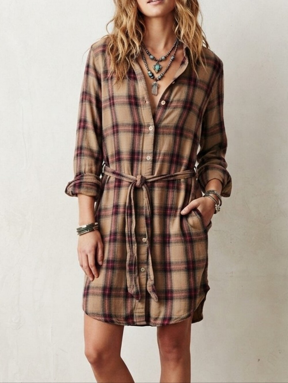 Free People CP Shades Flannel Plaid Shirt Dress Sz S Comfy Grunge 90s Soft Baggy